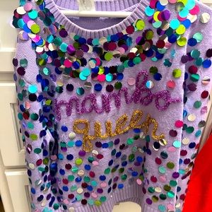 QUEEN OF SPARKLES MARDI GRAS MAMBO sequin MARDI GRAS SWEATER WORN ONCE SIZE XL